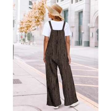 YESNO Women's Casual Woolen Overalls Adjustable Straps Baggy Pants Wide Leg Jumpsuits with Pockets XL PW2 Striped Coffee