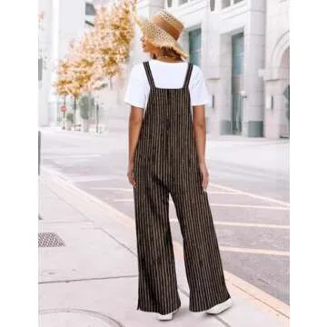 YESNO Women's Casual Woolen Overalls Adjustable Straps Baggy Pants Wide Leg Jumpsuits with Pockets XL PW2 Striped Coffee