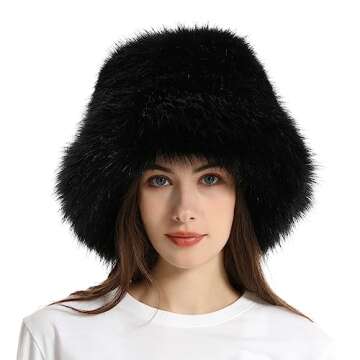 Fuzzy Bucket Hat Y2k Fashion Warm Winter Hat Fluffy Furry Plush Faux Fur Hats Fishing Hat Bucket Hats for Women 2025 A Black