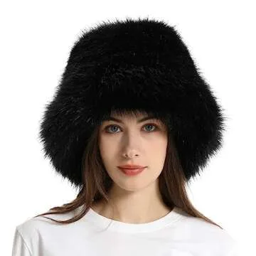 Fuzzy Bucket Hat Y2k Fashion Warm Winter Hat Fluffy Furry Plush Faux Fur Hats Fishing Hat Bucket Hats for Women 2025 A Black