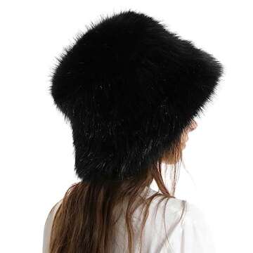 Fuzzy Bucket Hat Y2k Fashion Warm Winter Hat Fluffy Furry Plush Faux Fur Hats Fishing Hat Bucket Hats for Women 2025 A Black