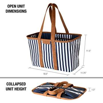 CleverMade Collapsible LUXE Tote, Navy Striped - 30L (8 Gal) Structured Tote Bag with Handles and Re...