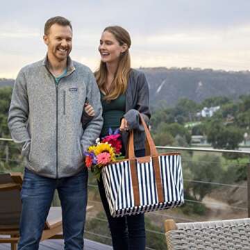 CleverMade Collapsible LUXE Tote, Navy Striped - 30L (8 Gal) Structured Tote Bag with Handles and Reinforced Bottom - Reusable Grocery Bag, Shopping Bag, Utility Tote Bag