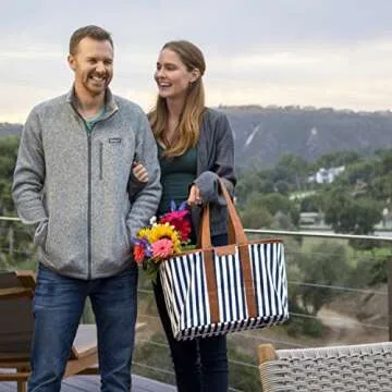 CleverMade Collapsible LUXE Tote, Navy Striped - 30L (8 Gal) Structured Tote Bag with Handles and Reinforced Bottom - Reusable Grocery Bag, Shopping Bag, Utility Tote Bag