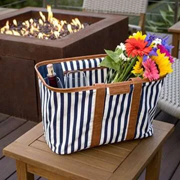 CleverMade Collapsible LUXE Tote, Navy Striped - 30L (8 Gal) Structured Tote Bag with Handles and Reinforced Bottom - Reusable Grocery Bag, Shopping Bag, Utility Tote Bag