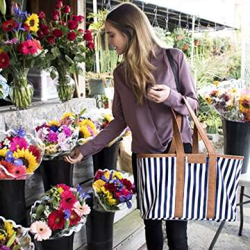 CleverMade Collapsible LUXE Tote, Navy Striped - 30L (8 Gal) Structured Tote Bag with Handles and Reinforced Bottom - Reusable Grocery Bag, Shopping Bag, Utility Tote Bag