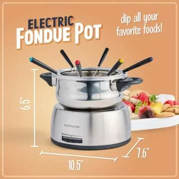 Nostalgia 6-Cup Electric Fondue Pot Set for Cheese & Chocolate - 6 Color-Coded Forks, Temperature Co...