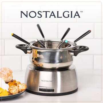Nostalgia 6-Cup Electric Fondue Pot Set for Cheese & Chocolate - 6 Color-Coded Forks, Temperature Control - Stainless Steel Kitchen Gadgets and Appliances for Hors d'Oeuvres and More - Stainless Steel