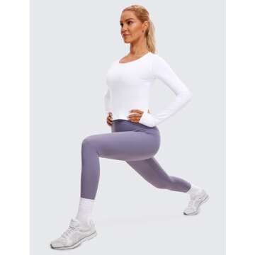 CRZ YOGA Long Sleeve Crop Tops for Women Workout Cropped T-Shirts Yoga Slim Fit Athletic Gym Shirts with Thumb Hole White Medium