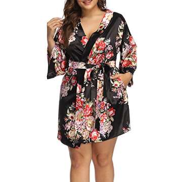 ALLEGRACE Women's Plus Size Floral Print Wrap Front Satin Kimono Robes Sexy Nights Short Pajamas Black 4X