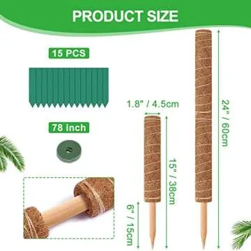 GROWNEER 24 Inch Moss Pole for Plants Indoor, 2 Pcs 15 Inch Stackable Coir Totem Monstera Support, Moss Sticks with 15pcs Labels and 78in Garden Ties, Stake for Climbing Snake Plants Indoor