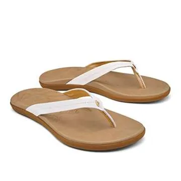 OLUKAI Honu Women's Beach Sandal, Soft & Comfortable Full-Grain Leather, Easy Slip-On Design for Everyday Fashion, Casual & Modern Style, Bright White/Golden Sand, 10