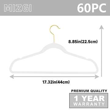 MIZGI Premium Velvet Hangers Pack 60 Pcs Heavyduty - Non Slip Slimline - Velvet Suit Hangers White - Gold Hooks,Space Saving Clothes Hangers