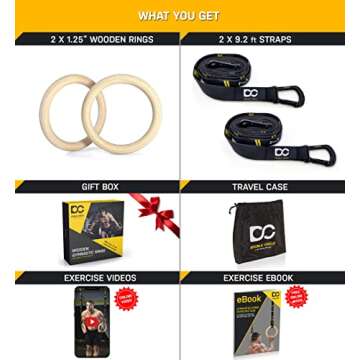 Double Circle Wood Gymnastic Rings 1.25 Inch, with Quick Adjust Numbered Straps and Exercise Videos Guide for Full Body Workout, Crossfit, and Home Gym