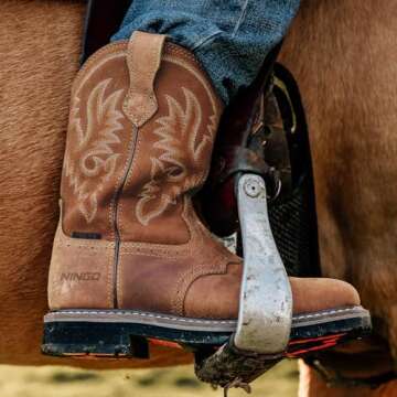 HISEA NINGO Men's Western Cowboy Boots Square Toe Steel/Soft Toe Work Boots Men's Safety Toe Leather Work Boots