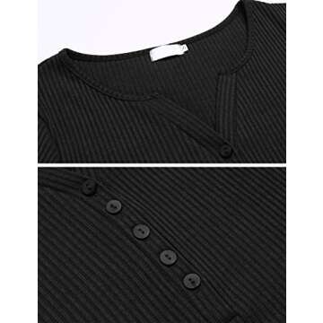 Tobrief Womens Henley Shirts V Neck Long Sleeve Button Down Tops Knit Tees Black