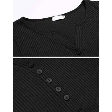 Tobrief Womens Henley Shirts V Neck Long Sleeve Button Down Tops Knit Tees Black