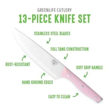 GreenLife High Carbon Stainless Steel 13 Piece Wood Knife Block Set with Chef Steak Knives and more, Comfort Grip Handles, Triple Rivet Cutlery, Soft Pink