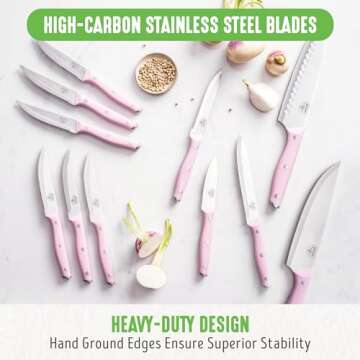 GreenLife High Carbon Stainless Steel 13 Piece Wood Knife Block Set with Chef Steak Knives and more, Comfort Grip Handles, Triple Rivet Cutlery, Soft Pink