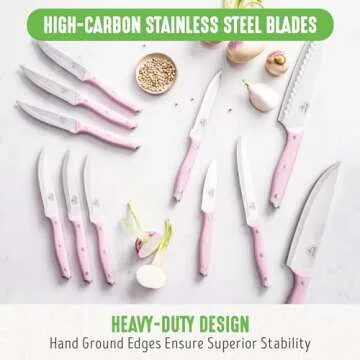 GreenLife High Carbon Stainless Steel 13 Piece Wood Knife Block Set with Chef Steak Knives and more, Comfort Grip Handles, Triple Rivet Cutlery, Soft Pink
