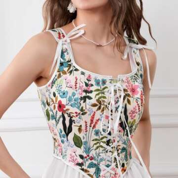 Women Vintage Floral Camisole Flower Embroidery Pattern Tight Vest Drawstring Tie-up Tank Top Suspender Corset