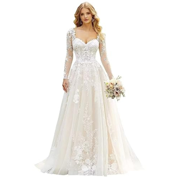 dufetin Lace Long Sleeve Wedding Dresses for Bride 2023 Vintage Ball Gown Appliques Wedding Gown wit...