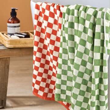 Checkered Bath Towels for Bathroom Beach, 2 Pack Shower Towels 55" x 27.5", Super Soft and Quick Dry (Orange + Green), Colorful for Swim Pool Summer
