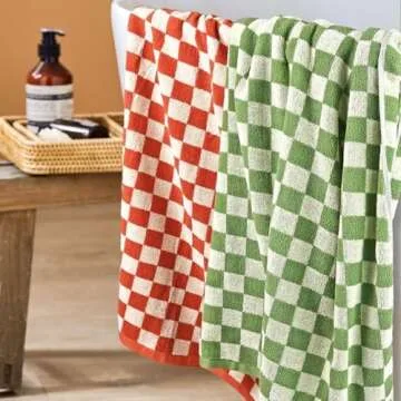 Checkered Bath Towels for Bathroom Beach, 2 Pack Shower Towels 55" x 27.5", Super Soft and Quick Dry (Orange + Green), Colorful for Swim Pool Summer
