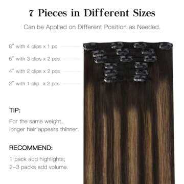 HOTBANANA Human Hair Clip in Hair Extensions, Balayage Dark Brown Mixed Chestnut Brown 120g Clip in ...