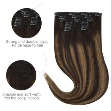 HOTBANANA Human Hair Clip in Hair Extensions, Balayage Dark Brown Mixed Chestnut Brown 120g Clip in Hair Extensions Real Human Hair Straight Remy Hair Clip Ins Dark Roots Ombre 20 Inch 7pcs