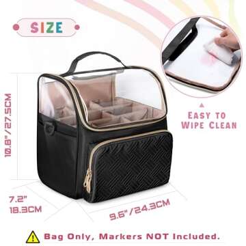 Rexmica Large Marker Organizer Case for 180 Markers, Marker Storage Bag with Dividers and 4 Pockets for Paint Markers, Paint Brushes, Colored Pencils or Other Art Supplies, Black (Patented Design)