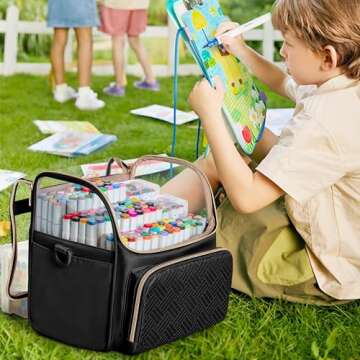 Rexmica Large Marker Organizer Case for 180 Markers, Marker Storage Bag with Dividers and 4 Pockets for Paint Markers, Paint Brushes, Colored Pencils or Other Art Supplies, Black (Patented Design)