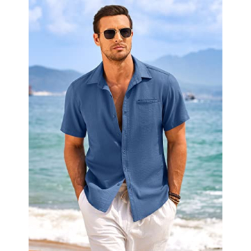 Lightweight COOFANDY Men's Beach Linen Shirt Deep Blue