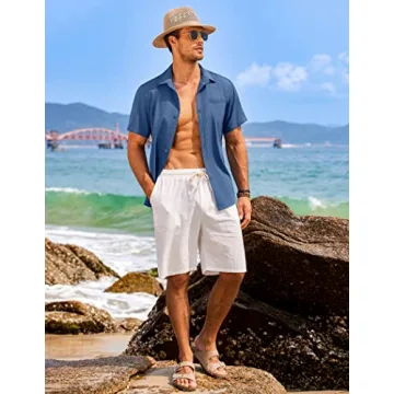 Lightweight COOFANDY Men's Beach Linen Shirt Deep Blue