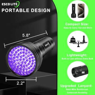 ESCO LITE Escolite UV Flashlight Black Light, 51 LED 395 nM Ultraviolet Blacklight Detector for Dog Urine, Pet Stains and Bed Bug