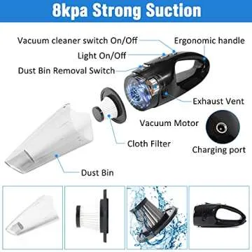 QYBEEDE Cordless Handheld Vacuum, 8000pa USB 120W Mini Car Vacuum with Led Light Cleaner Dry/Wet Powerful Suction Vacuum Rechargeable Portable Cleaner for Home, Kitchen, Pet Hair, Office