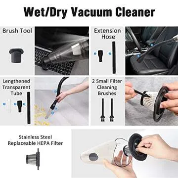 QYBEEDE Cordless Handheld Vacuum, 8000pa USB 120W Mini Car Vacuum with Led Light Cleaner Dry/Wet Powerful Suction Vacuum Rechargeable Portable Cleaner for Home, Kitchen, Pet Hair, Office