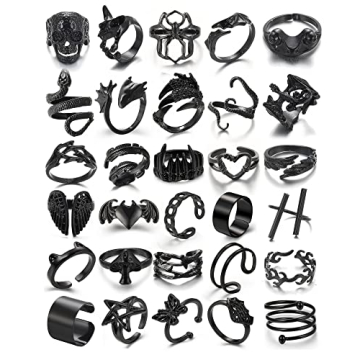 Black Gothic Vintage Rings Set - 20-30 PCS Punk Snake Claw Jewelry