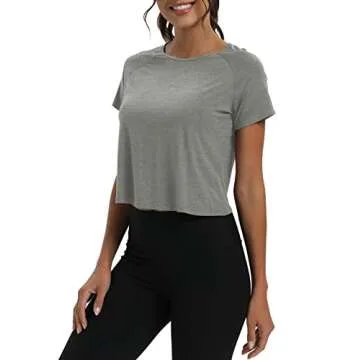 Mippo Short Sleeve Athletic Tops Workout Shirts Exercise Clothes Gym Crop Tops for Women Loose Fit Light Heather Gray M