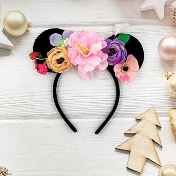 JUTTIRA Floral Mouse Ears Hair Band, Flower Headbands with Princess Tiara for Kids, Girls & Adults