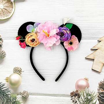 JUTTIRA Floral Mouse Ears Hair Band, Flower Headbands with Princess Tiara for Kids, Girls & Adults