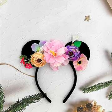 JUTTIRA Floral Mouse Ears Hair Band, Flower Headbands with Princess Tiara for Kids, Girls & Adults