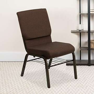 Flash Furniture HERCULES Series 18.5''W Church Chair in Brown Fabric with Book Rack - Gold Vein Frame