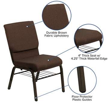 Flash Furniture HERCULES Series 18.5''W Church Chair in Brown Fabric with Book Rack - Gold Vein Frame