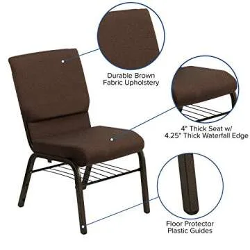 Flash Furniture HERCULES Series 18.5''W Church Chair in Brown Fabric with Book Rack - Gold Vein Frame