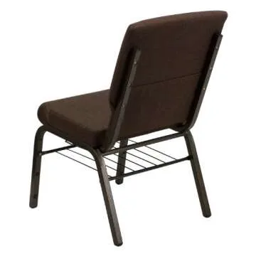 Flash Furniture HERCULES Series 18.5''W Church Chair in Brown Fabric with Book Rack - Gold Vein Frame