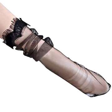 Women's Vintage Style Sheer Slouch Socks Black Luxury Lace Loose Fit See Through Mesh Tulle Medium Calf Socks (Black)