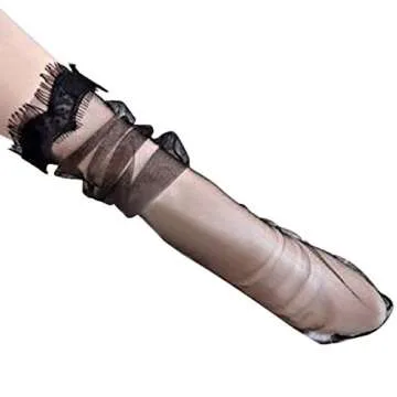 Women's Vintage Style Sheer Slouch Socks Black Luxury Lace Loose Fit See Through Mesh Tulle Medium Calf Socks (Black)