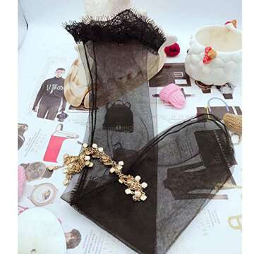 Women's Vintage Style Sheer Slouch Socks Black Luxury Lace Loose Fit See Through Mesh Tulle Medium Calf Socks (Black)