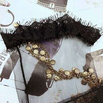 Women's Vintage Style Sheer Slouch Socks Black Luxury Lace Loose Fit See Through Mesh Tulle Medium Calf Socks (Black)